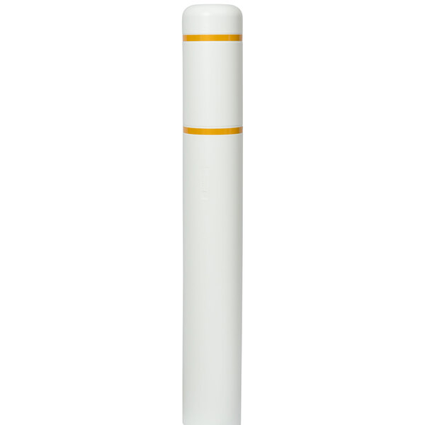 A white cylindrical Innoplast BollardGard with yellow stripes.