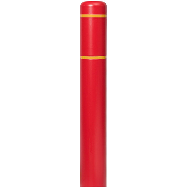 A red cylindrical Innoplast BollardGard with yellow stripes.