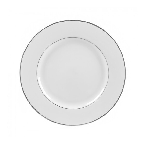 A close-up of a white 10 Strawberry Street porcelain plate with a silver double line design.