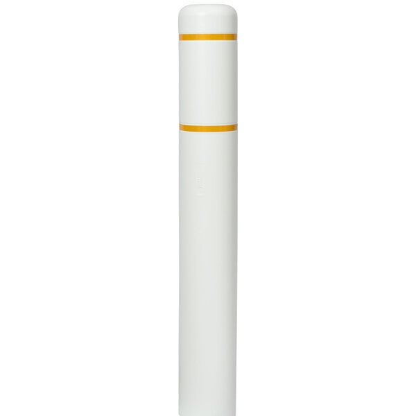 A white cylindrical bollard cover with yellow reflective stripes. 