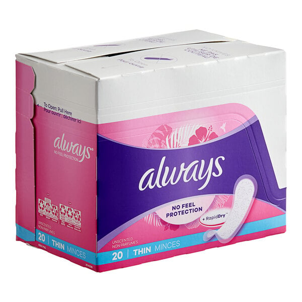 A case of 24 boxes of Always 20 count thin unscented daily liners.