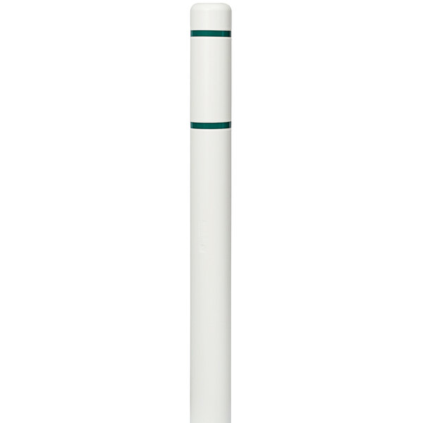 A white cylindrical Innoplast BollardGard with green stripes.