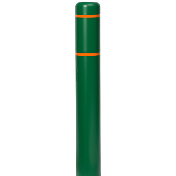 A green Innoplast BollardGard cover with orange stripes over a green pole.