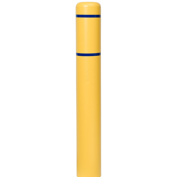 A yellow cylindrical Innoplast BollardGard with blue stripes.