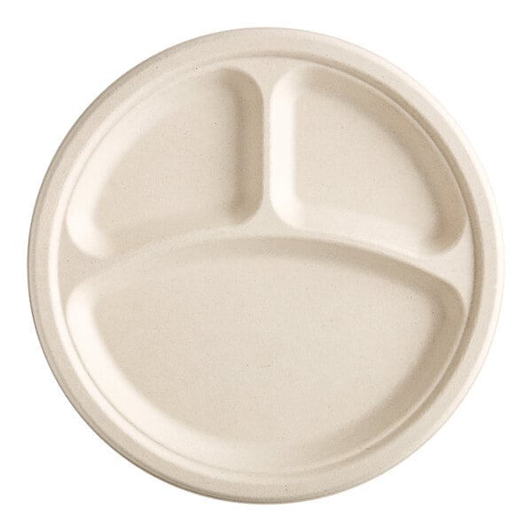 A white EcoChoice bagasse plate with three sections.