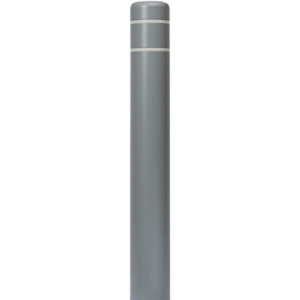 A grey Innoplast BollardGard cover with white reflective stripes on a grey bollard.