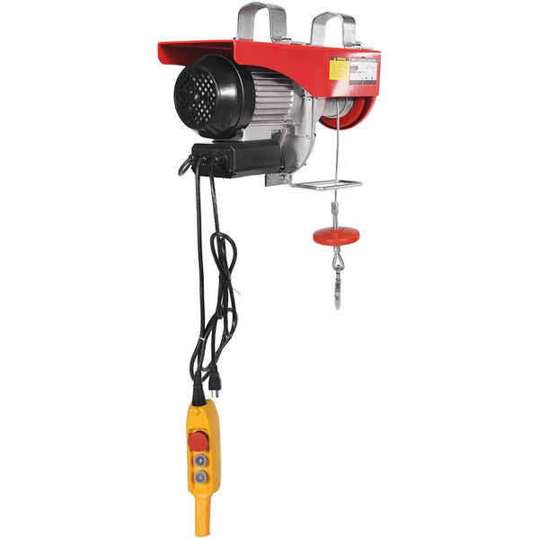 A red Vestil electric mini cable hoist with a cable attached.