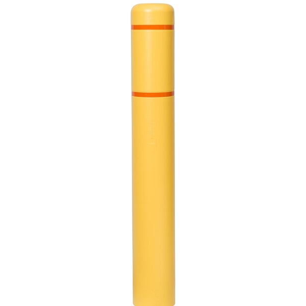 An Innoplast yellow bollard cover with orange reflective stripes on a yellow cylindrical bollard.