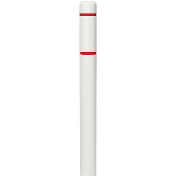 A white cylindrical bollard cover with red reflective stripes.