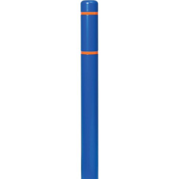 A blue cylindrical Innoplast Bollard cover with orange stripes.