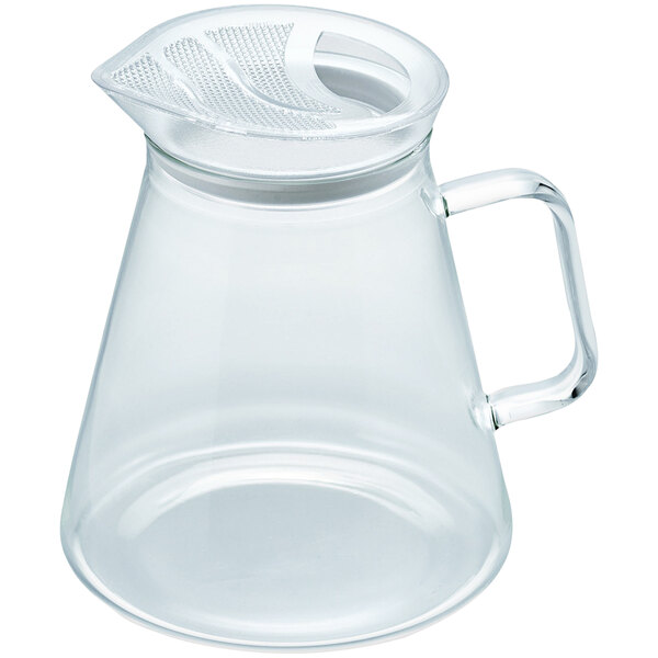 A Hario clear glass teapot with a handle and Tritan plastic infuser.
