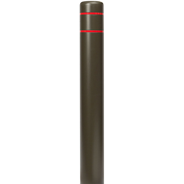 A close-up of a brown cylindrical Innoplast BollardGard with red stripes.