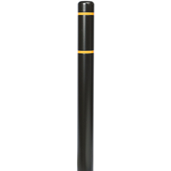 A black cylindrical Innoplast BollardGard with yellow reflective stripes.