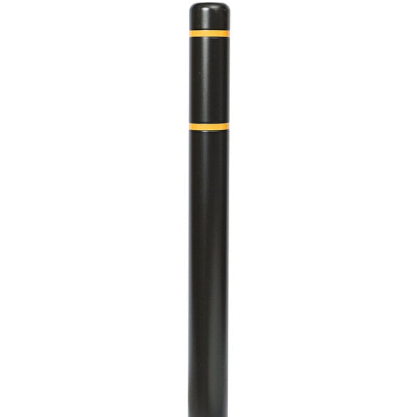 A black Innoplast bollard cover with yellow reflective stripes on the top and bottom.