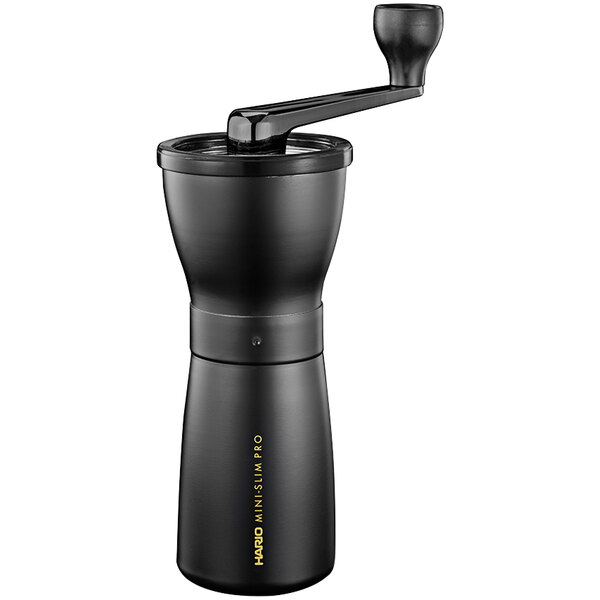 A black Hario Mini-Slim Pro coffee grinder with a handle.