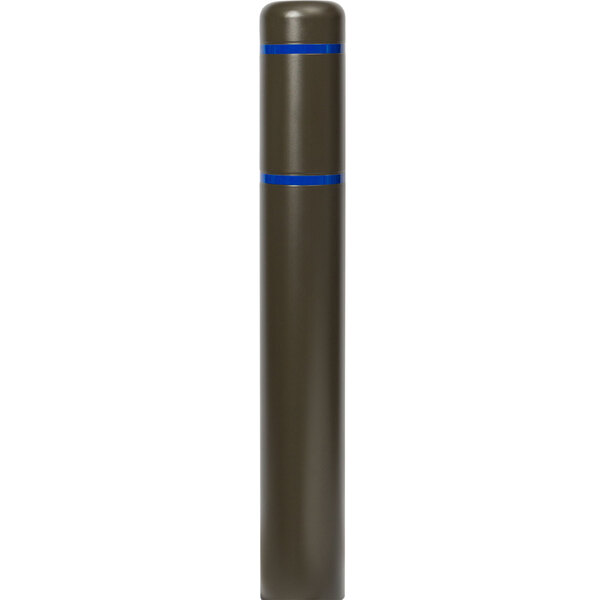 A brown Innoplast BollardGard cover with blue reflective stripes on a cylindrical object.