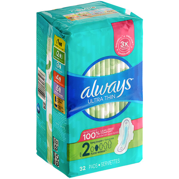 A package of 32 Always Ultra Thin unscented menstrual pads with wings.