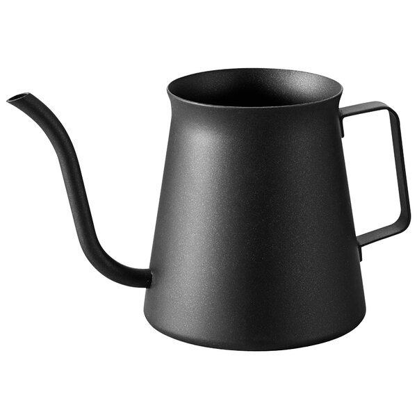 A black stainless steel Hario V60 drip kettle with a handle.