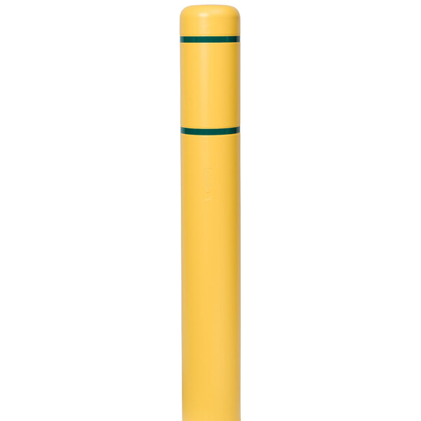 A yellow cylindrical Innoplast bollard cover with green stripes.