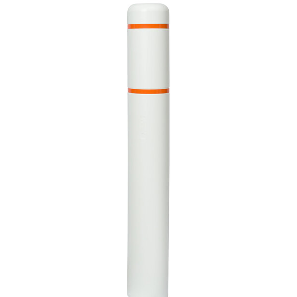 A white cylindrical Innoplast BollardGard with orange stripes.