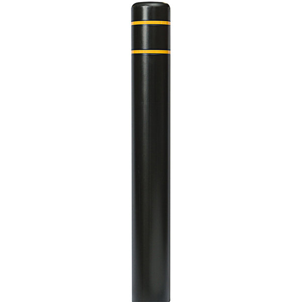 A black cylindrical Innoplast BollardGard with yellow reflective stripes.