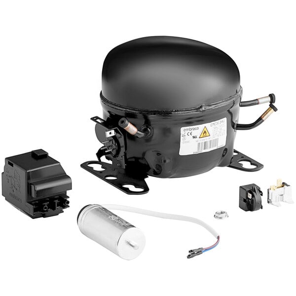 A black Embraco compressor for a refrigerator.