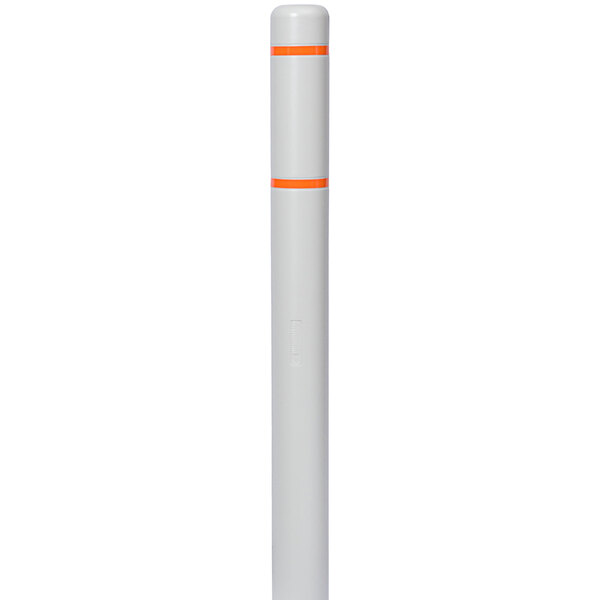 A white bollard cover with orange reflective stripes over a white bollard.