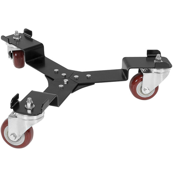 A black and red Vestil steel keg transport skate with red wheels.