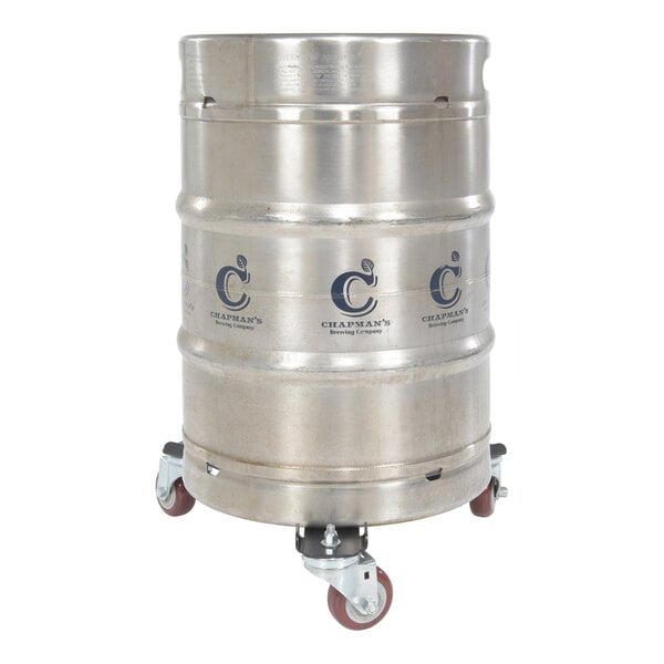 A black steel Vestil keg transport skate for a metal barrel.