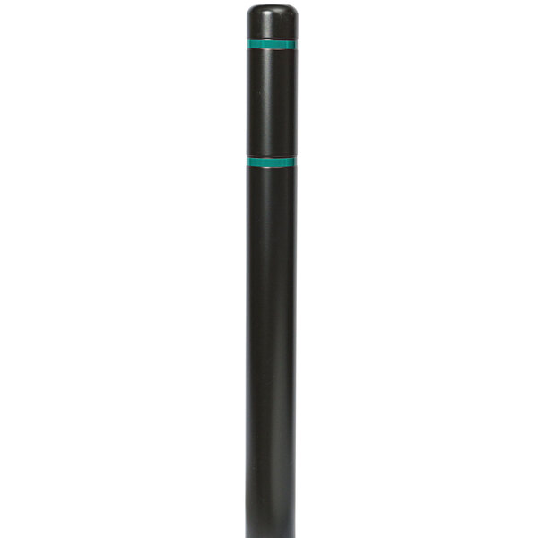 An Innoplast black bollard cover with green reflective stripes on a black cylindrical object.