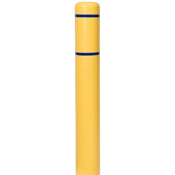 A yellow cylindrical Innoplast BollardGard with blue reflective stripes covering a post.