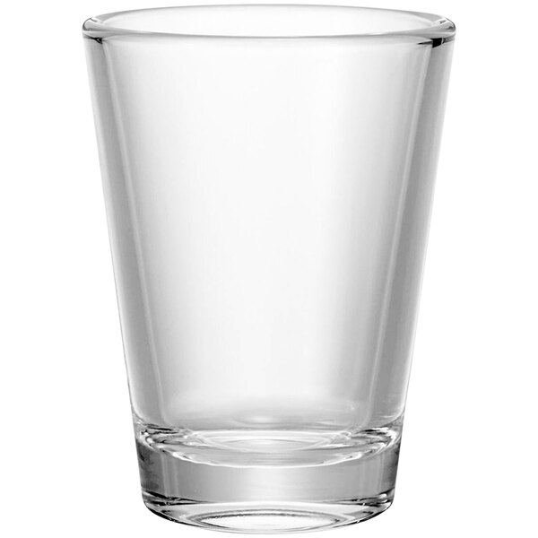 A clear glass Hario shot glass with a white background.