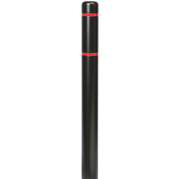 A black Innoplast bollard cover with a white stripe and red reflective stripes.