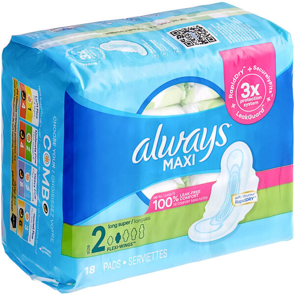 A package of 18 unscented Always Maxi Size 2 Long Super menstrual pads with wings.