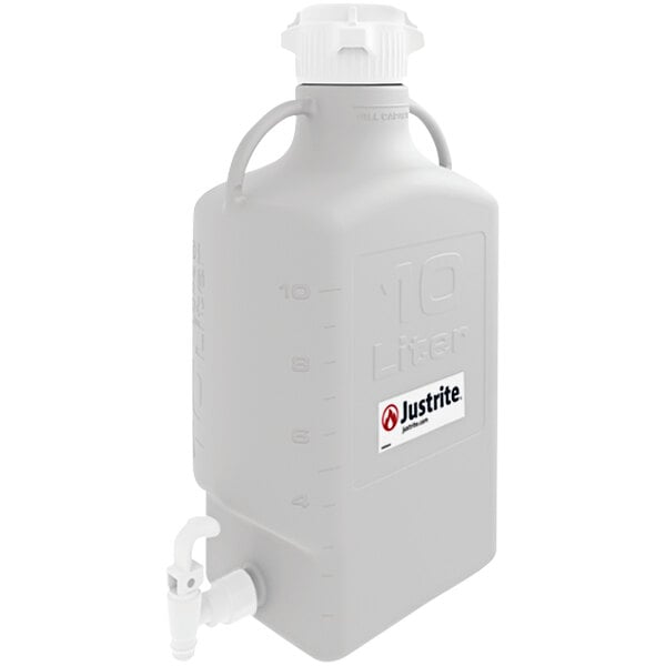 A white plastic Justrite carboy with a handle and valve.
