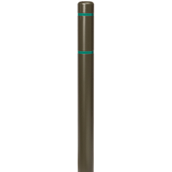 A brown Innoplast BollardGard cover with green reflective stripes on a metal pole.