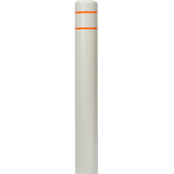 A white cylindrical object with orange stripes.