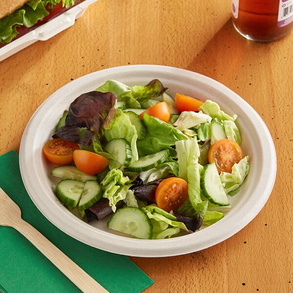 A plate of salad with a sandwich on a EcoChoice natural bagasse plate.