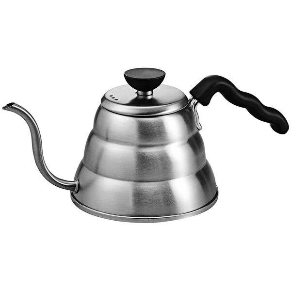 A silver stainless steel Hario V60 drip kettle with a black handle.