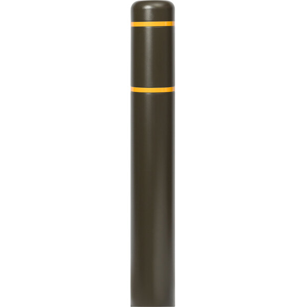 A black cylindrical Innoplast BollardGard with a yellow stripe and white border.