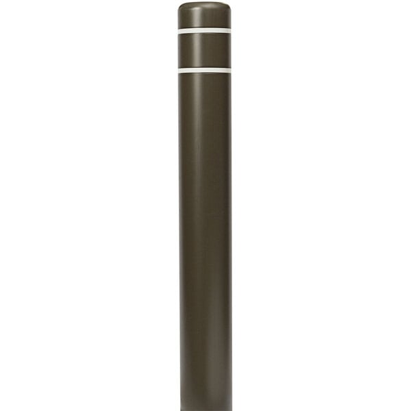 A brown Innoplast BollardGard cover with white reflective stripes on a metal bollard.