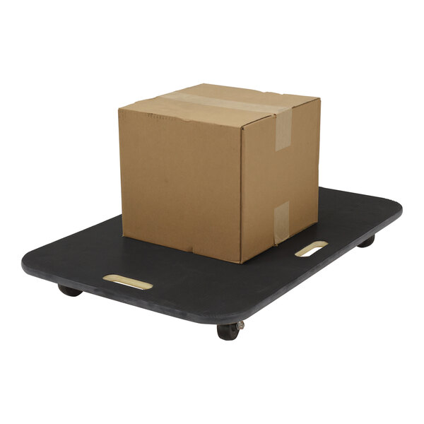 A brown cardboard box on a black Vestil utility dolly.