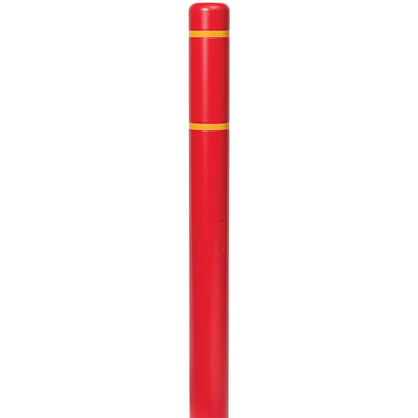 A red Innoplast bollard cover with yellow reflective stripes over a yellow and red pole.