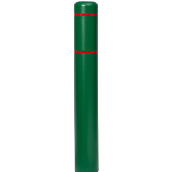 A green cylindrical bollard cover with red reflective stripes.