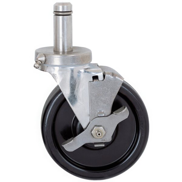 A Metro 5MHTPB black and metal swivel stem caster with a metal and black wheel.