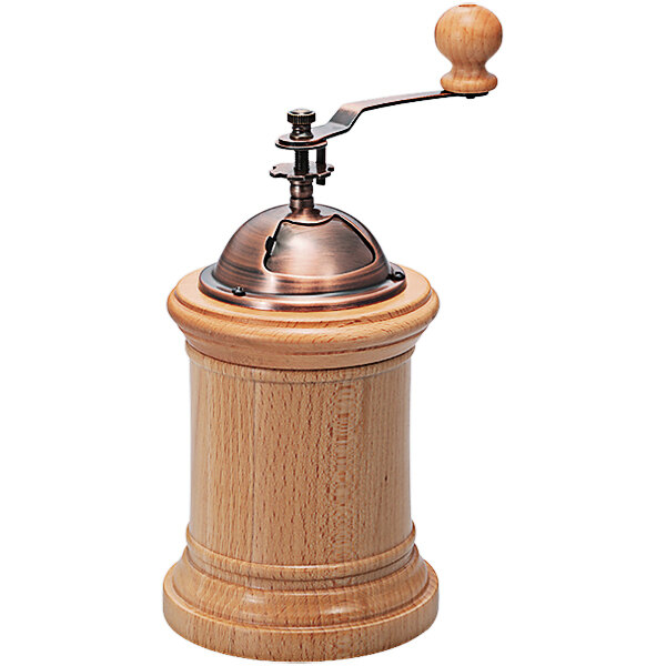 A close-up of a Hario natural wood coffee grinder with a wooden handle.
