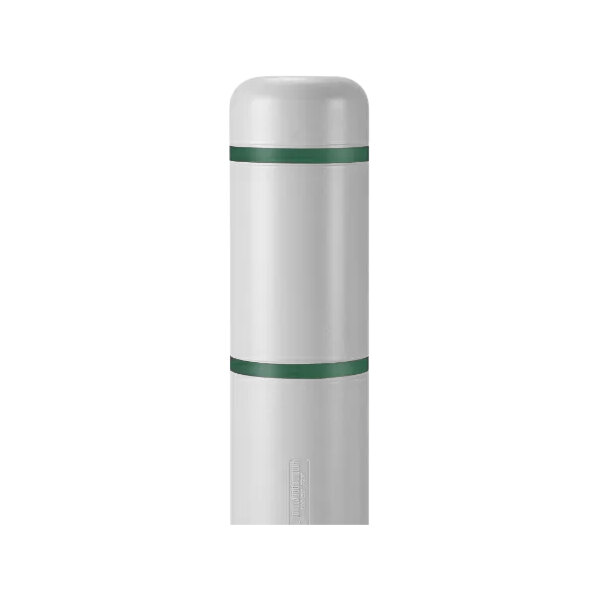 A white cylindrical bollard cover with a green stripe and green reflective stripes.