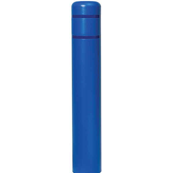 A blue cylindrical bollard cover with blue reflective stripes on a white background.