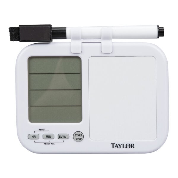 A digital 4 channel kitchen timer with a white board and dry erase pen.