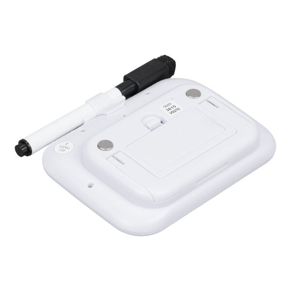 A digital kitchen timer with a white board and a dry erase pen attached.